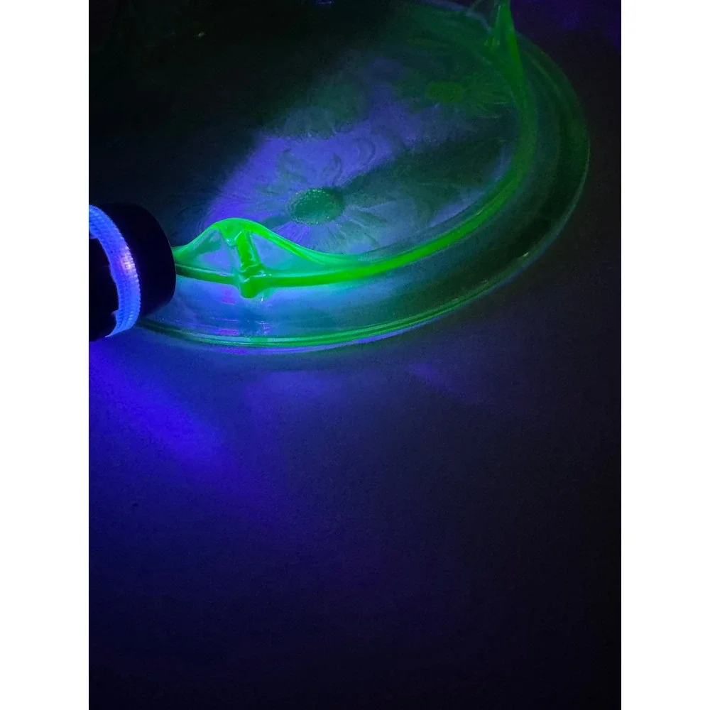 Vintage Uranium Depression Glass Cake Plate Floral Pattern Footed Glows Under UV